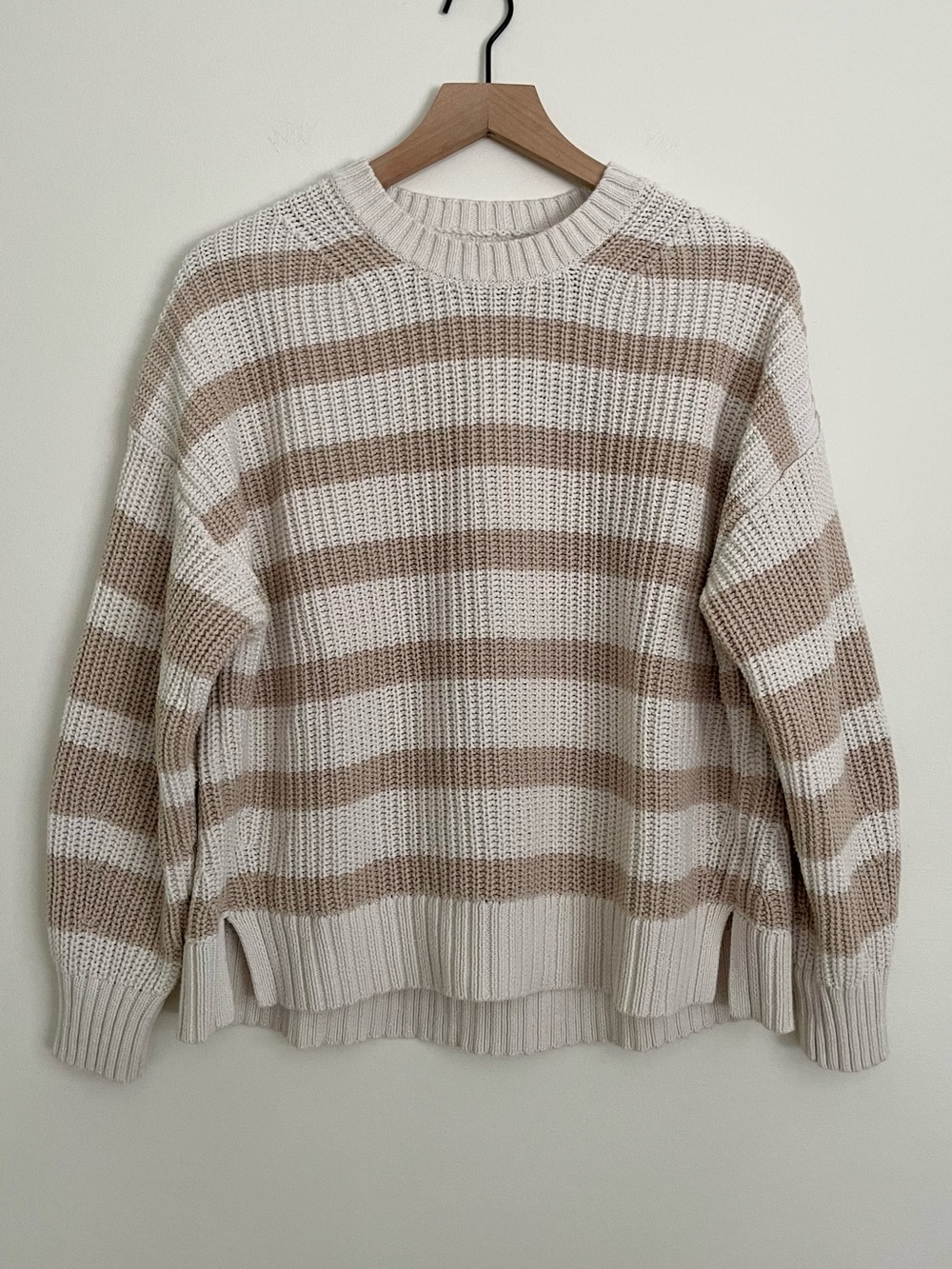 American Eagle Outfitters Cream and Tan Striped 100% Cotton Crewneck Sweater